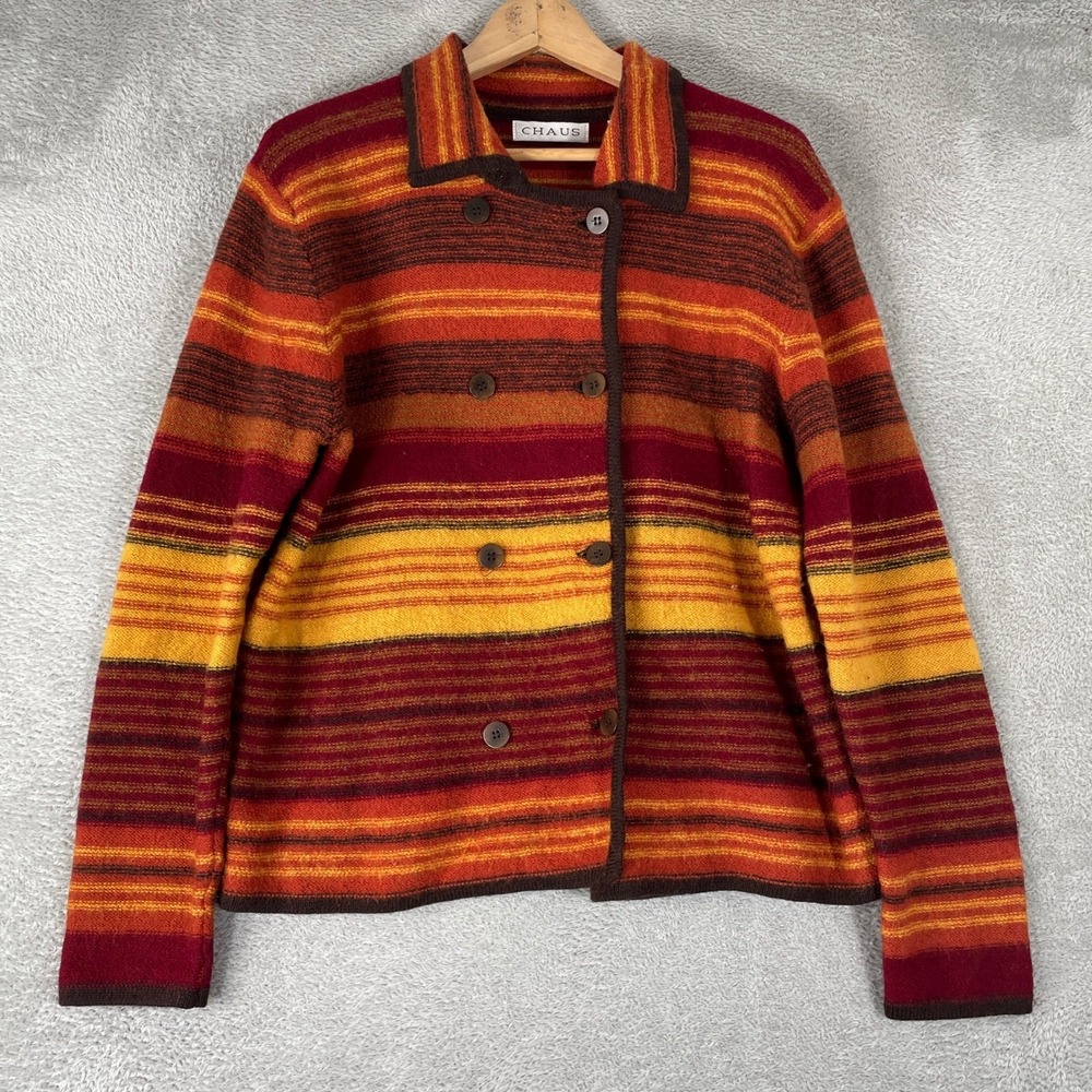 Chaus Cardigan Womens Medium Orange Striped Wool Double Breasted Boho Retro